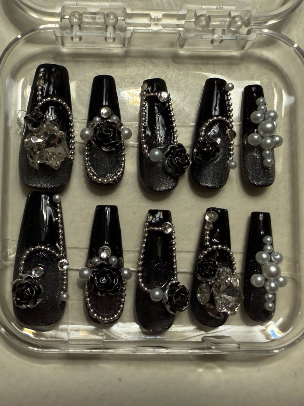 Black and Silver Embellished False Nails